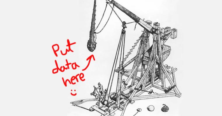 Medieval soldiers clamping down the arm of a trebuchet. A hand-drawn 'Put data here' annotation is next to it.