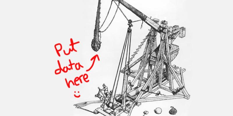 Medieval soldiers clamping down the arm of a trebuchet. A hand-drawn 'Put data here' annotation is next to it.