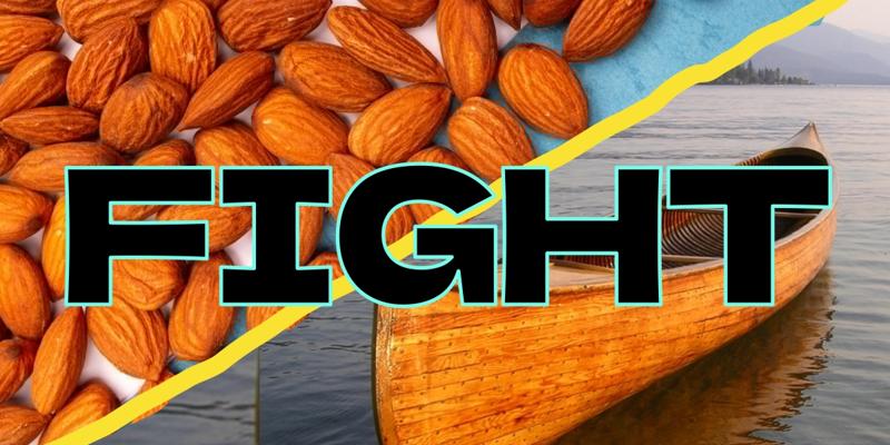 Almonds and a canoe side-by-side. Large bold text 'FIGHT' is overlaid between them