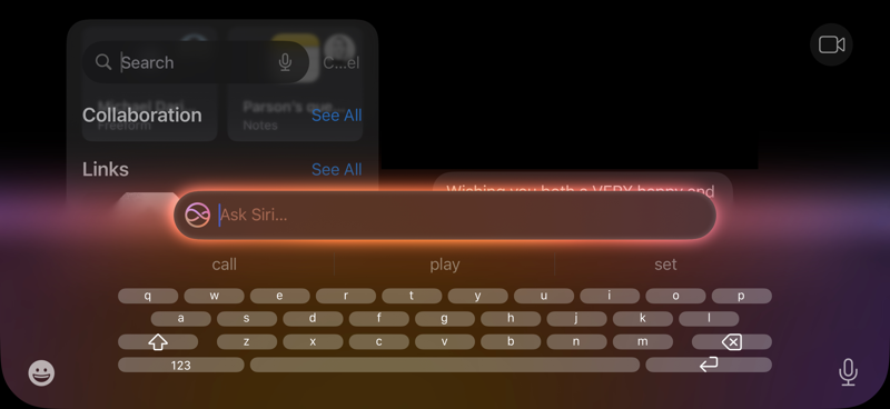 The Type to Siri interface in landscape on an iPhone. The gradient is sharp, the keyboard keys are missized and shrimpy. The Messages app behind it also has layout issues from landscape mode, including truncated button labels.