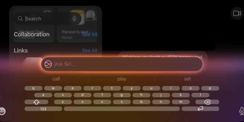 The Type to Siri interface in landscape on an iPhone. The gradient is sharp, the keyboard keys are missized and shrimpy. The Messages app behind it also has layout issues from landscape mode, including truncated button labels.