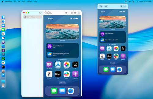 WireView open in the menu bar with a phone connected.