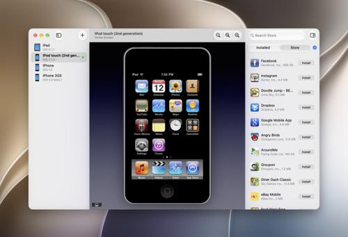 Light Touch running an iPod touch (2nd generation), with Legacy Store open in the sidebar.