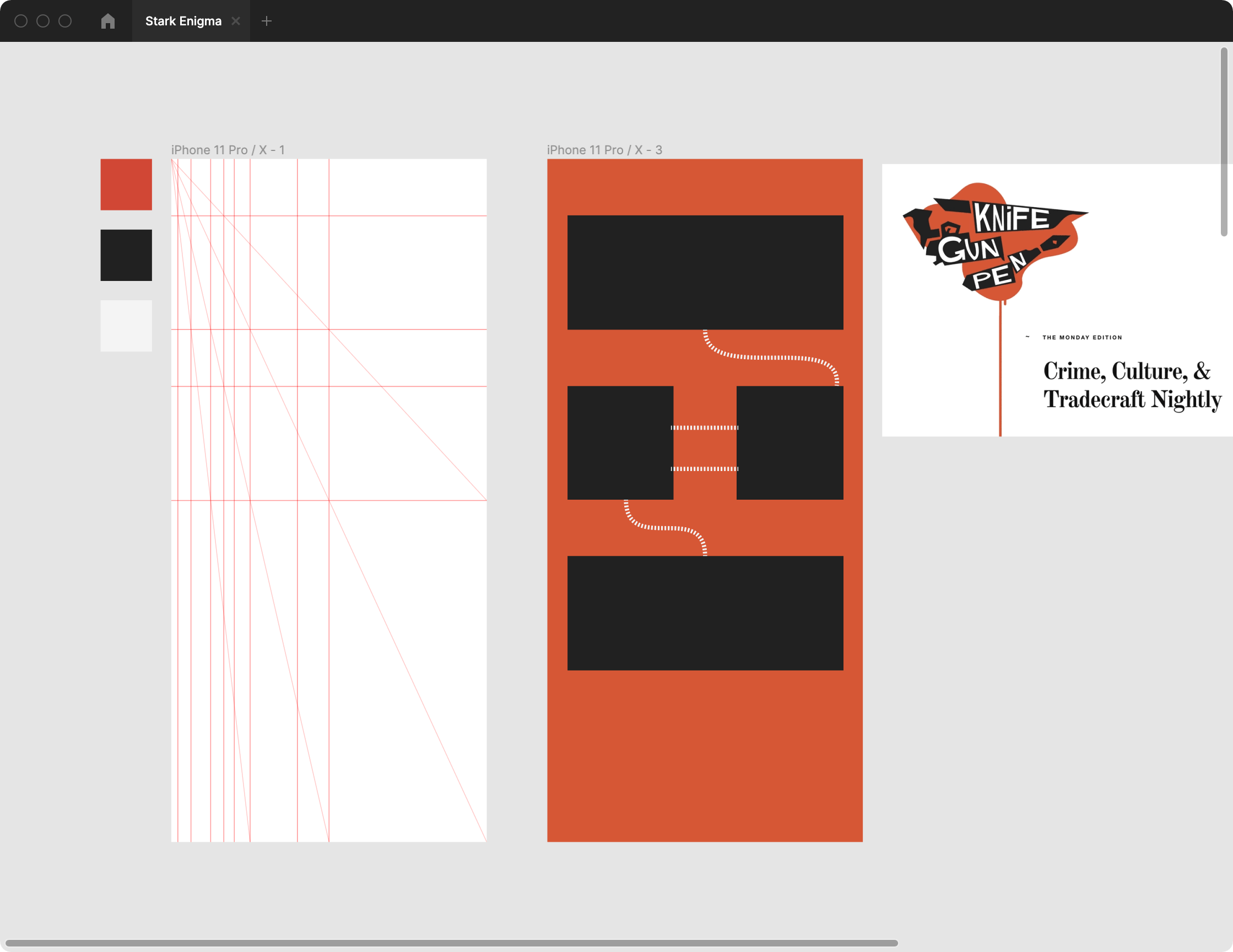 A diagonal layout grid. A muted color palette of red, black, and white. A skeleton layout of various components with a dotted line connecting them. A podcast's cover art with the style I'm trying to channel for inspiration.
